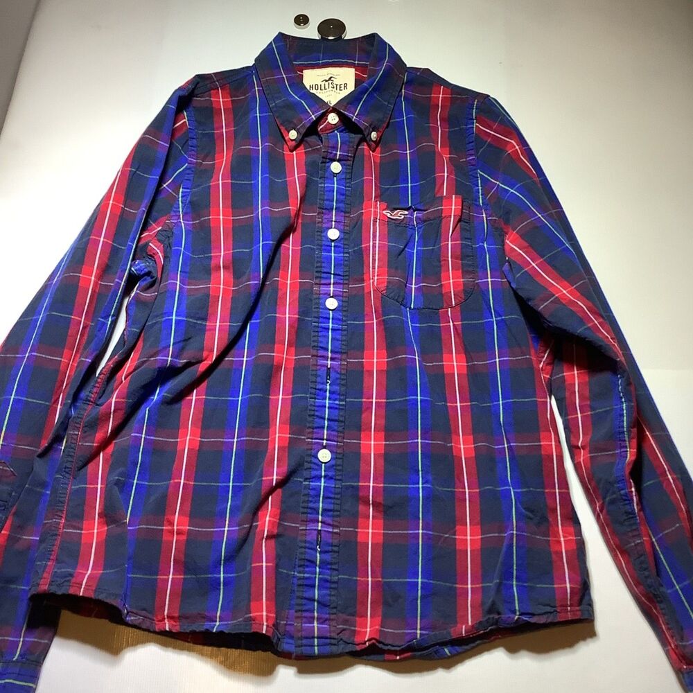 Hollister Mens Long Sleeve Plaid Shirt size XLarge Blue Red Button Up Cotton
